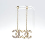 Chanel CC Logo Rhinestone Pearl Faux Off White Clear Gold Earrings