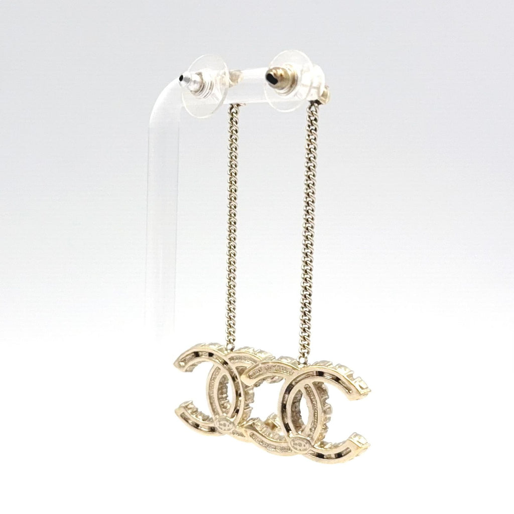 Chanel CC Logo Rhinestone Pearl Faux Off White Clear Gold Earrings — view 2