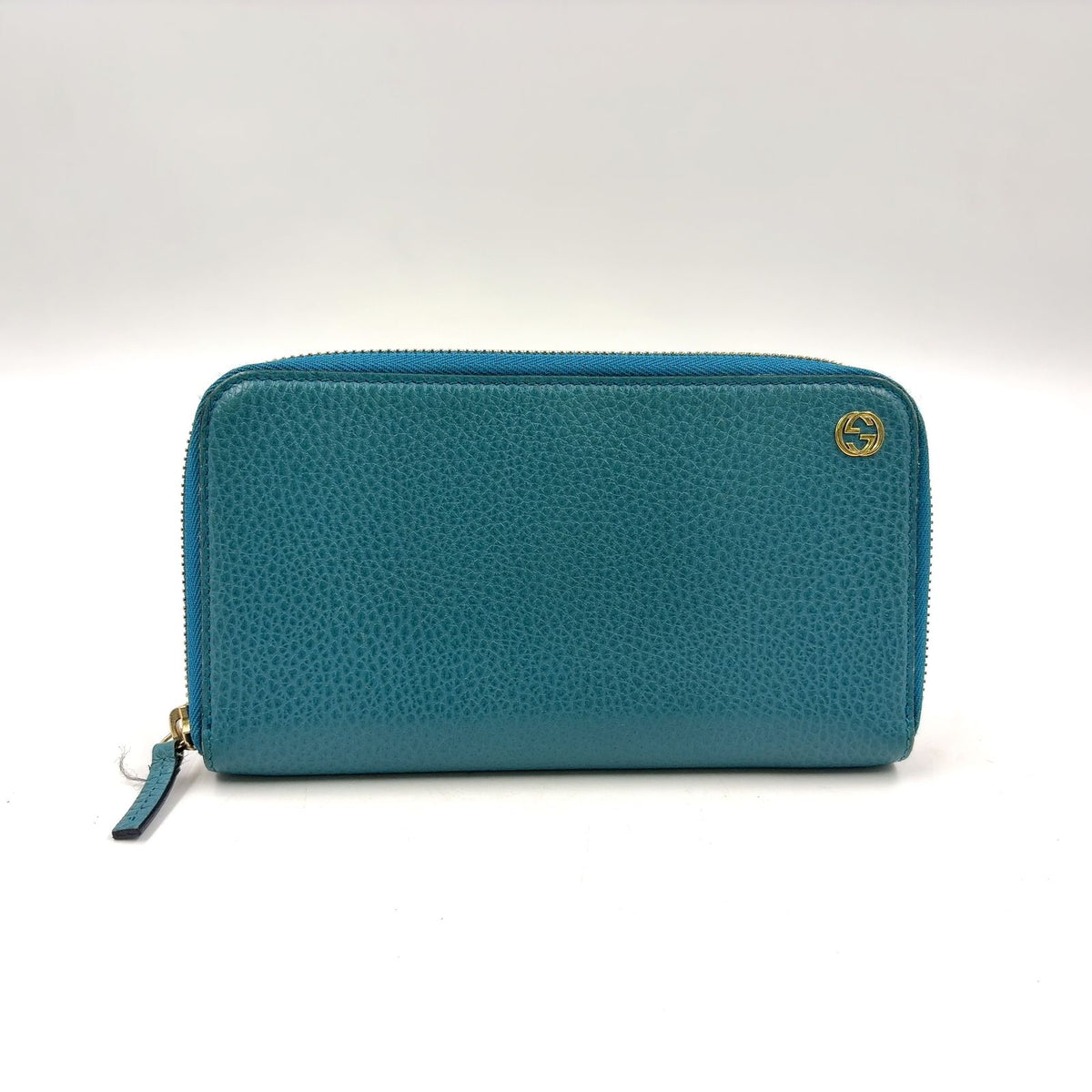 Gucci Interlocking G Zip Around Leather Turquoise Blue Wallet Gold