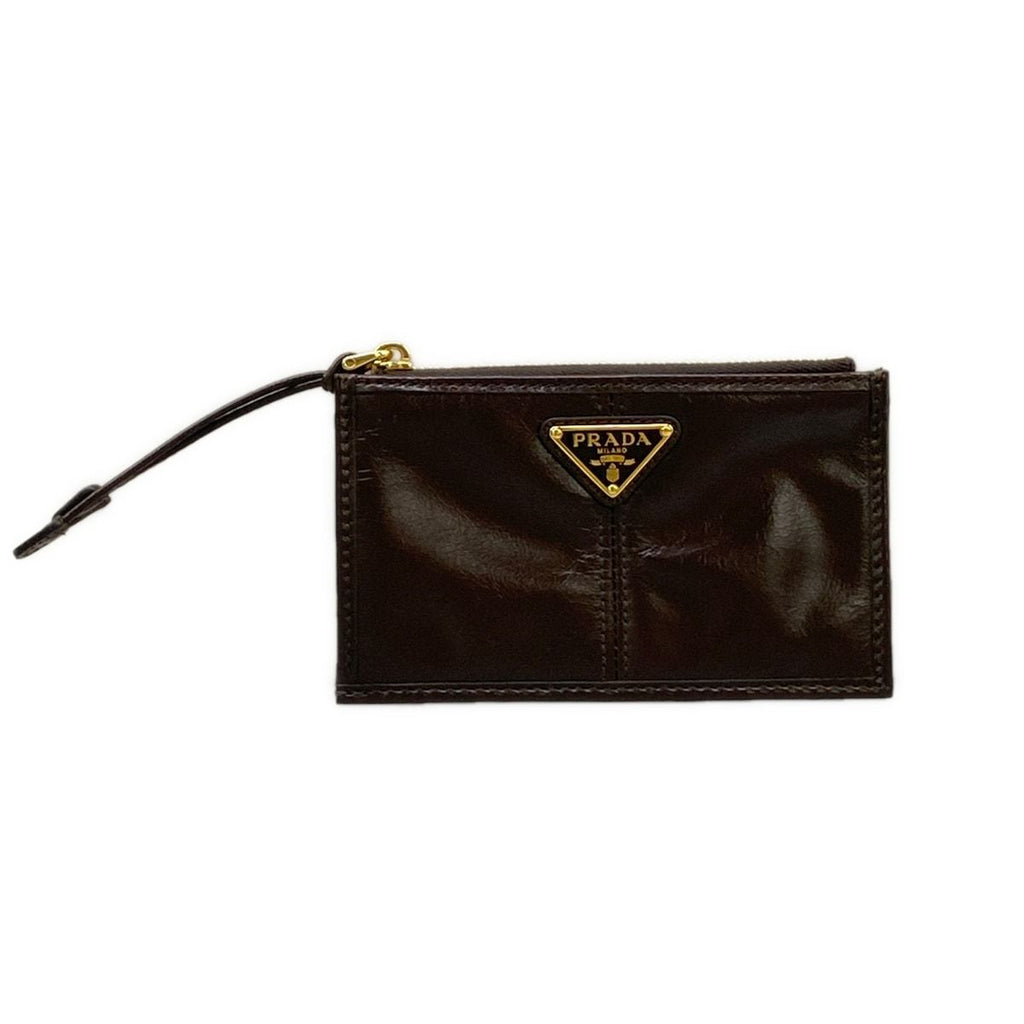 Prada Card Case Gold Dark Brown Leather