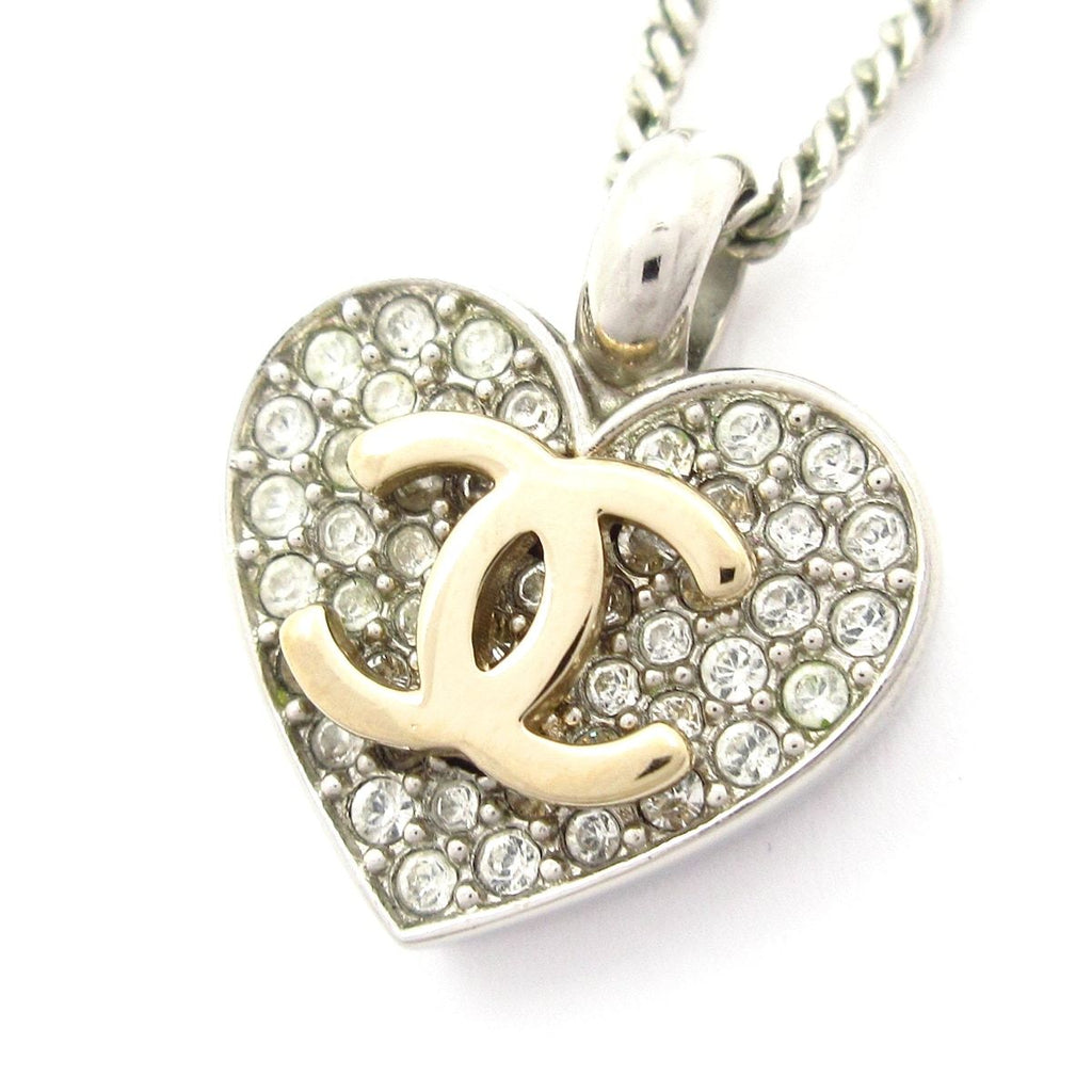 Chanel Necklace CC Logo Silver Gold Clear Heart
