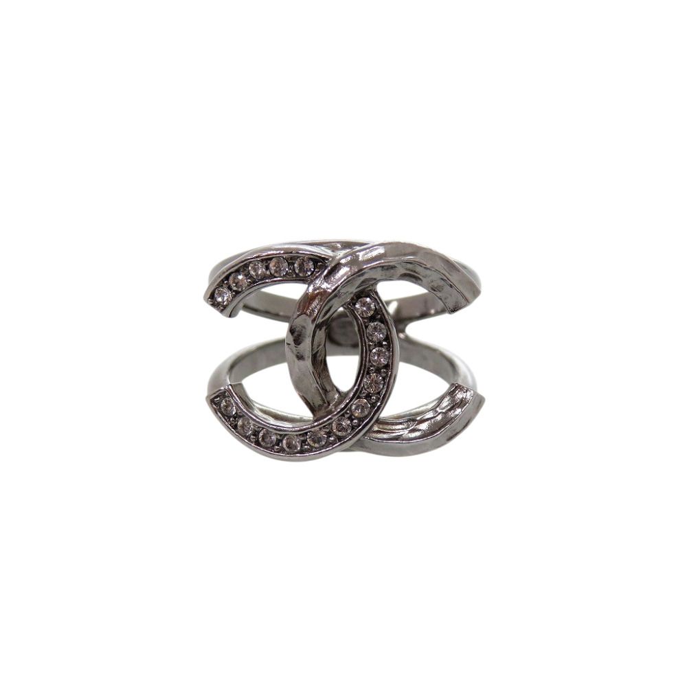 Chanel CC Logo Rhinestone Stamp Ring Gunmetal