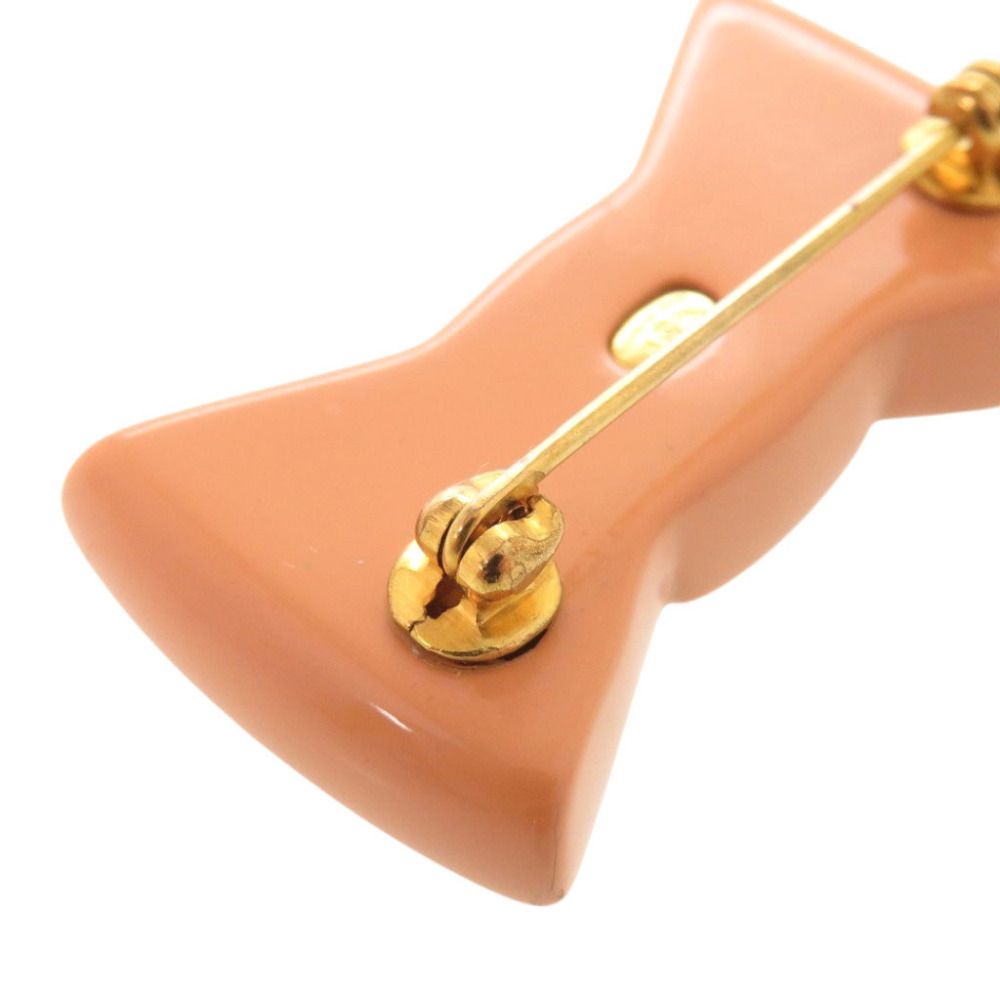 Chanel CC Logo Ribbon Motif Plastic Rhinestone Metal Salmon Pink Brooch — view 7