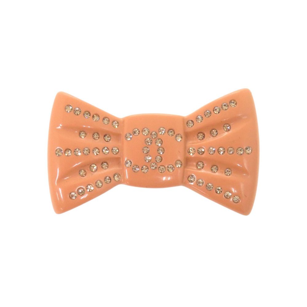 Chanel CC Logo Ribbon Motif Plastic Rhinestone Metal Salmon Pink Brooch