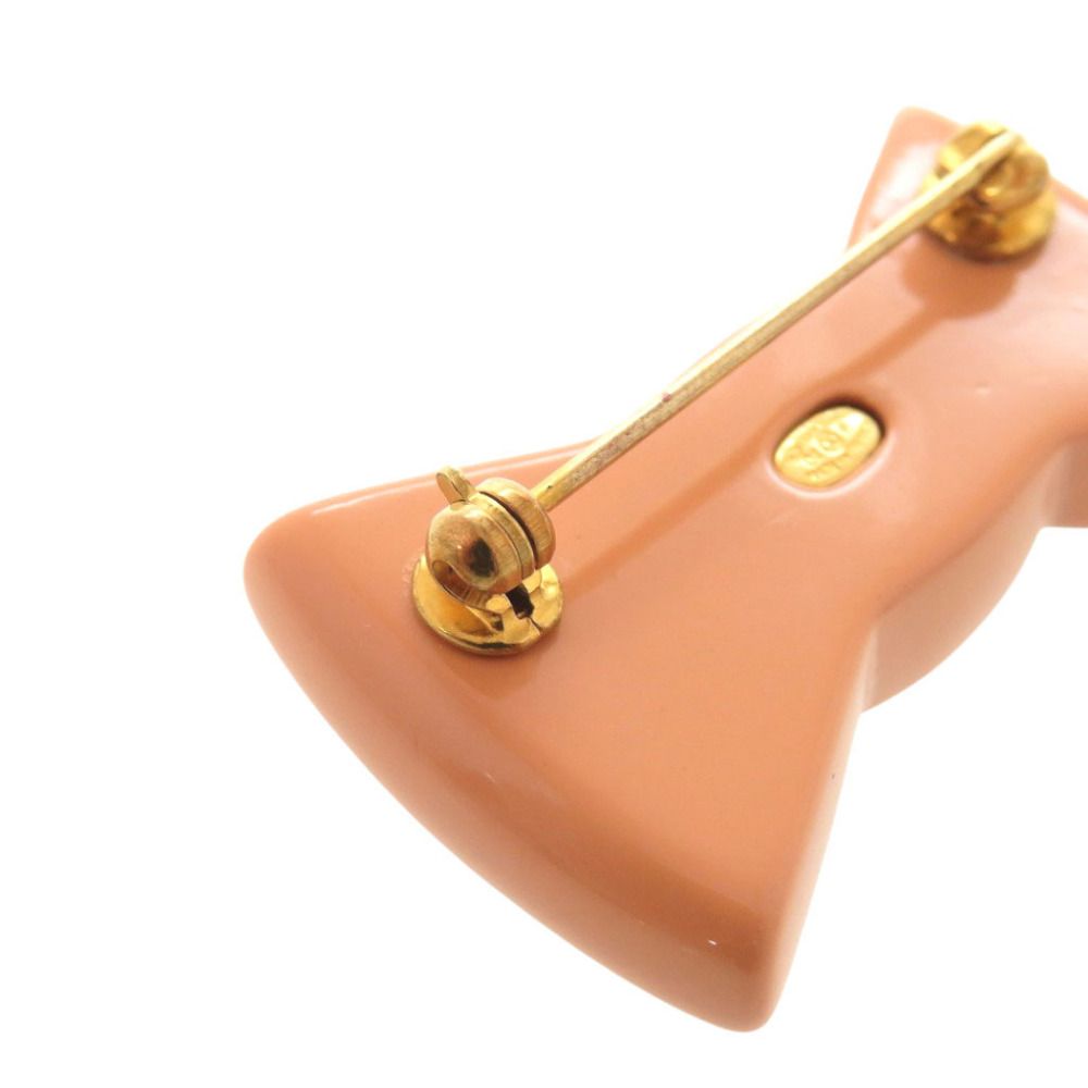 Chanel CC Logo Ribbon Motif Plastic Rhinestone Metal Salmon Pink Brooch — view 6