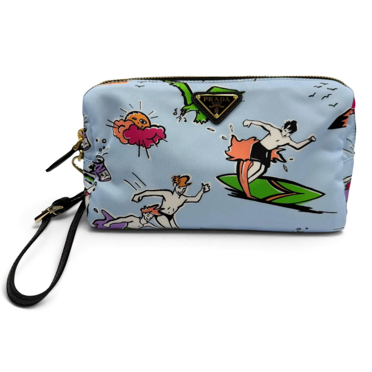 Prada Triangle Logo Re-Nylon Surf Print Makeup Pouch Blue with Wristlet