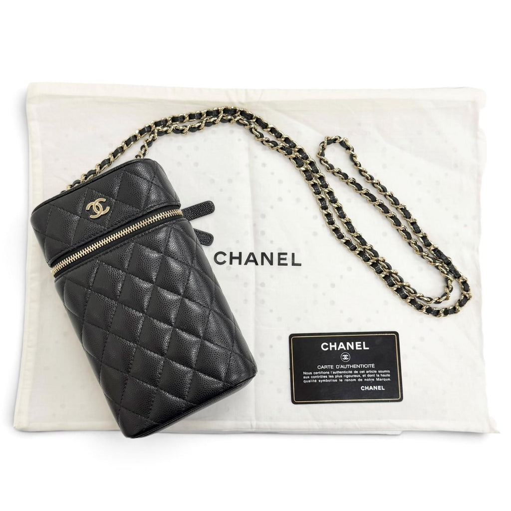Chanel Caviar Leather Quilted Vanity Phone Chain Shoulder Bag Black Gold — view 2