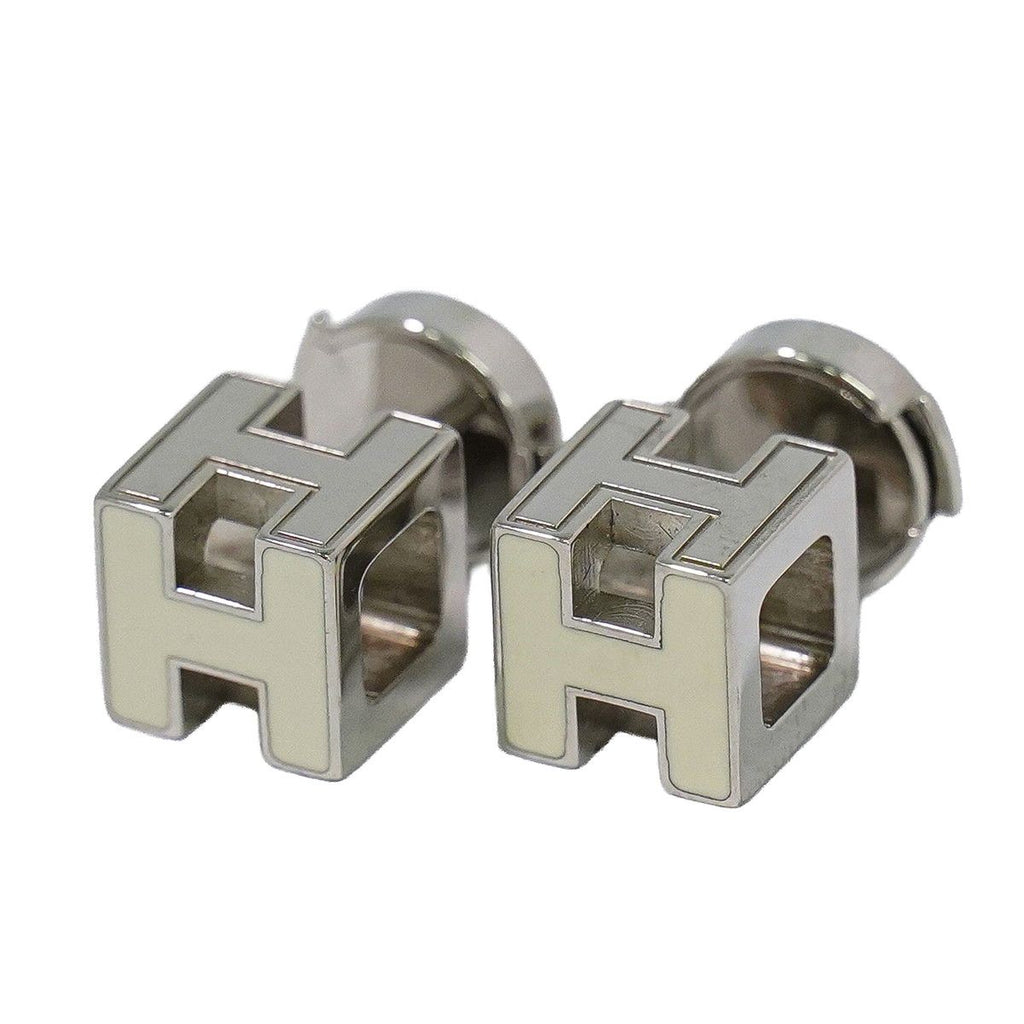 Hermes Cage D'h Cube Earrings Metal Silver Ivory