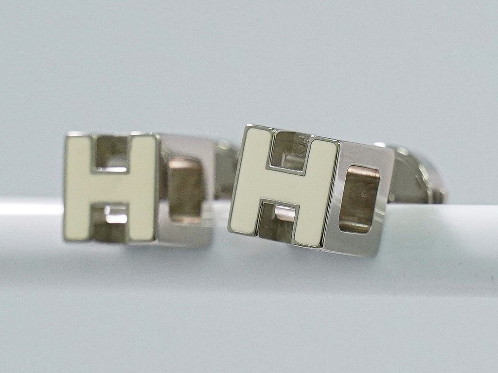 Hermes Cage D'h Cube Earrings Metal Silver Ivory — view 7