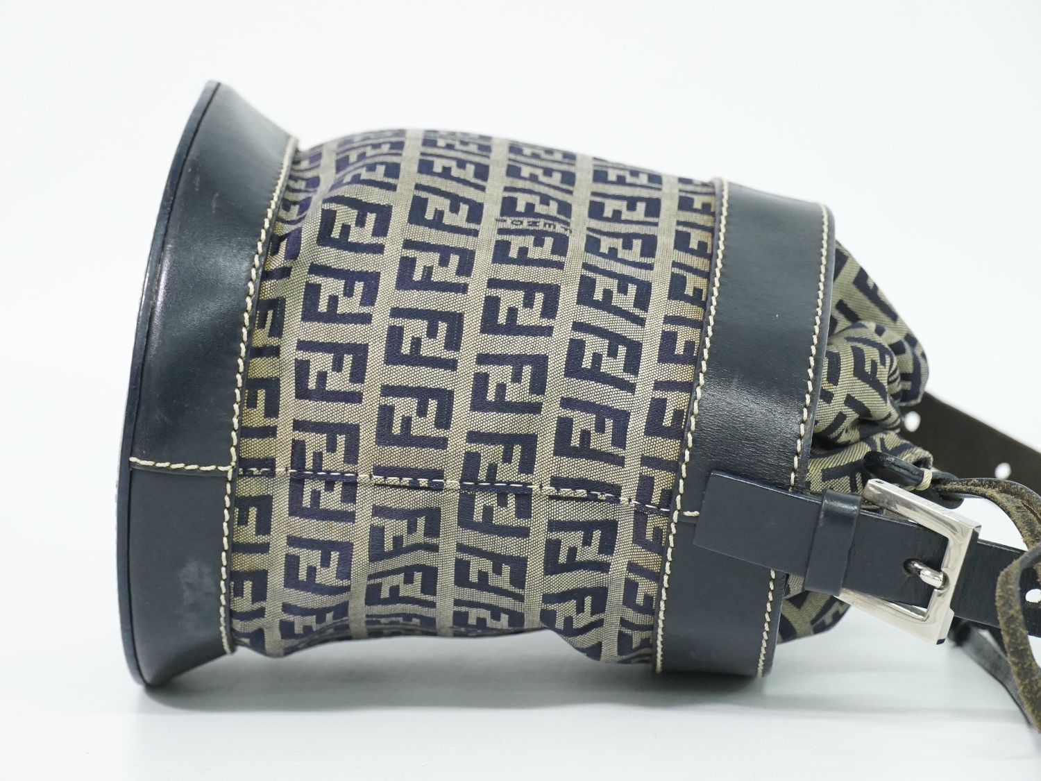 Fendi Zucchino Drawstring Shoulder Bag Canvas Leather Navy — view 4