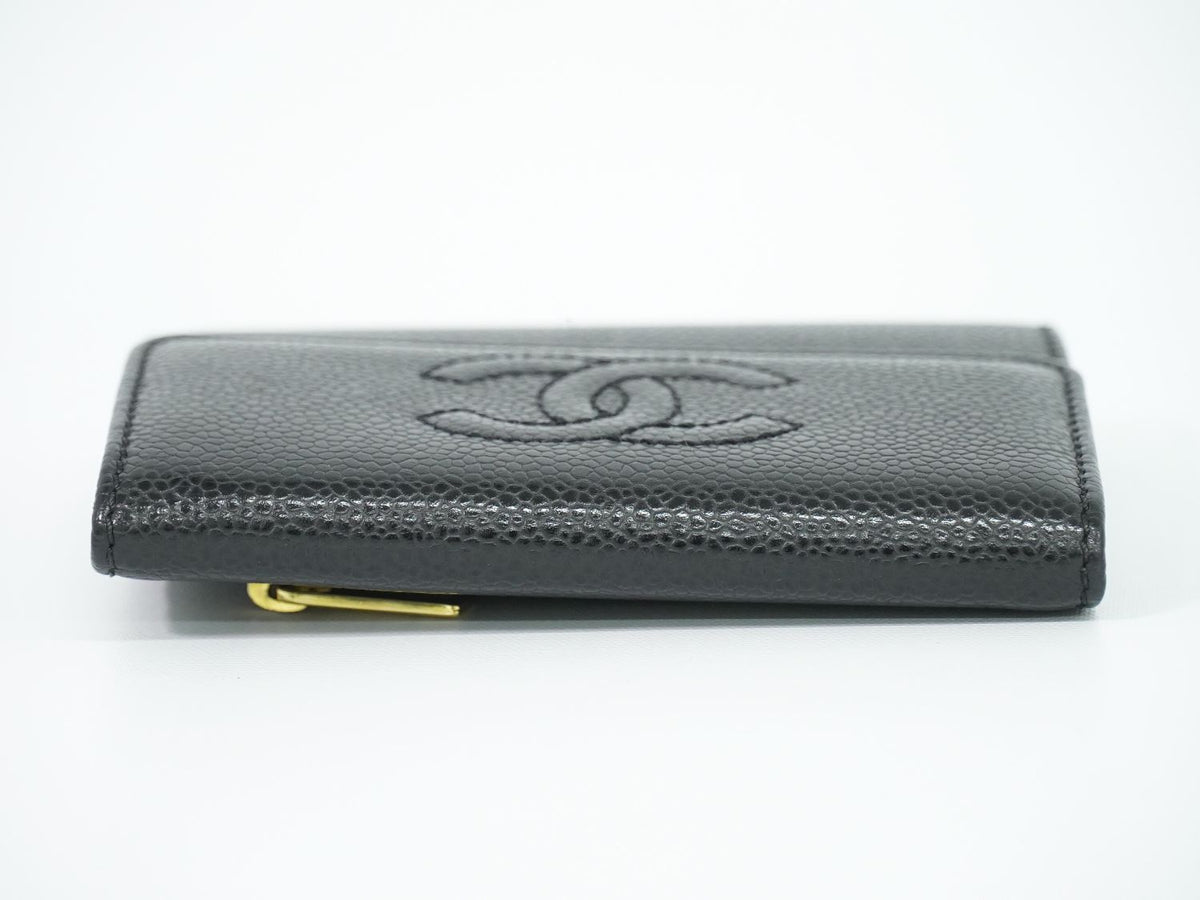 Chanel CC Logo Trifold Folded Wallet Compact Caviar Leather Black — view 5