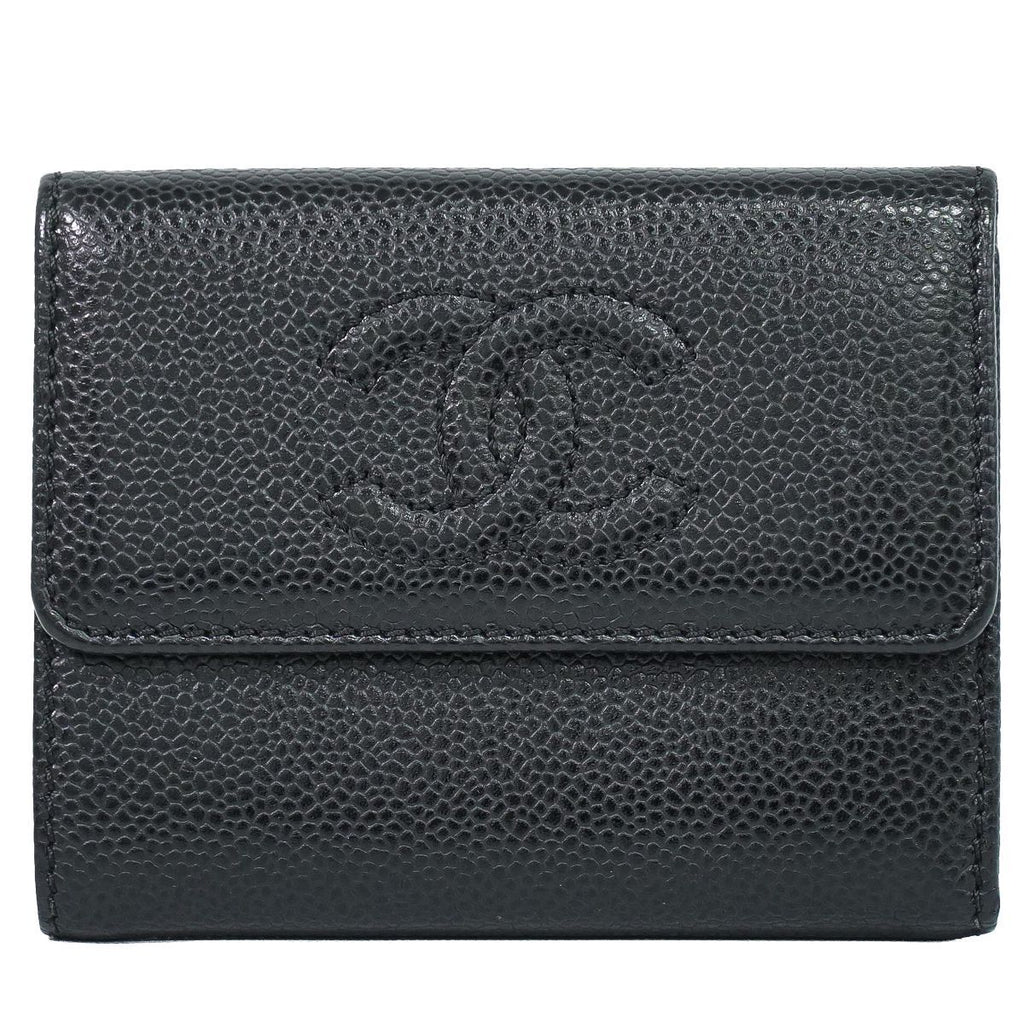 Chanel CC Logo Trifold Folded Wallet Compact Caviar Leather Black