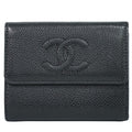 Chanel CC Logo Trifold Folded Wallet Compact Caviar Leather Black