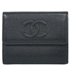 Chanel CC Logo Trifold Folded Wallet Compact Caviar Leather Black