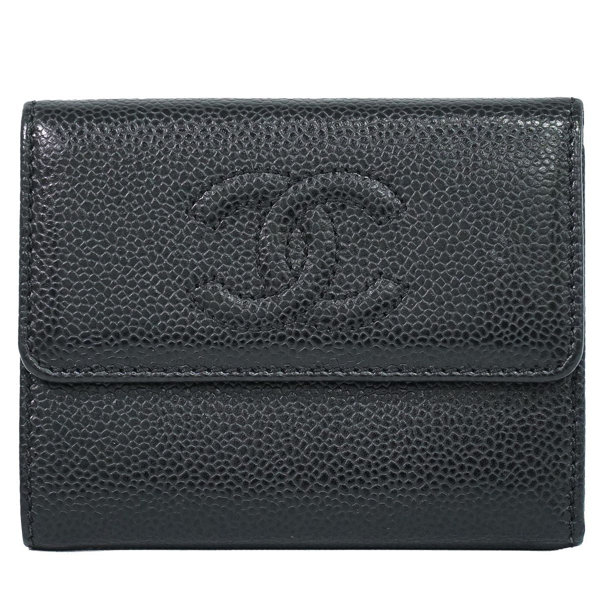 Chanel CC Logo Trifold Folded Wallet Compact Caviar Leather Black