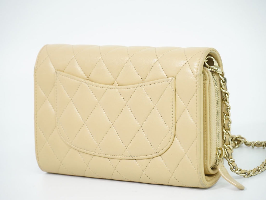 Chanel CC Logo Quilted Chain Wallet on Pochette Lambskin Leather Beige Shoulder — view 2