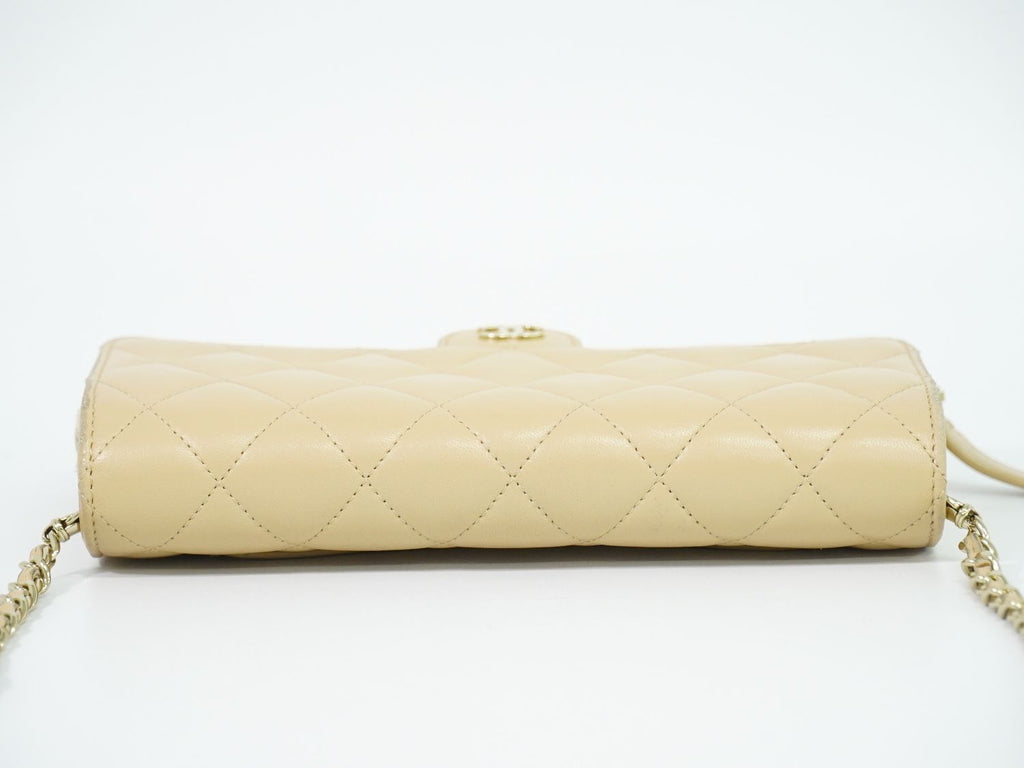 Chanel CC Logo Quilted Chain Wallet on Pochette Lambskin Leather Beige Shoulder — view 5