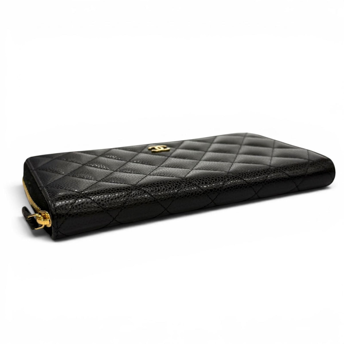 Chanel Quilted Caviar Leather Timeless Classic Long Zip Wallet Black Gold — view 4