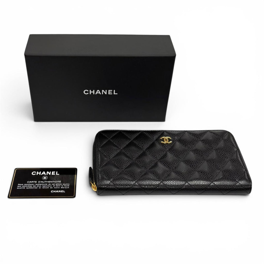 Chanel Quilted Caviar Leather Timeless Classic Long Zip Wallet Black Gold — view 2
