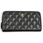 Chanel Quilted Caviar Leather Timeless Classic Long Zip Wallet Black Gold