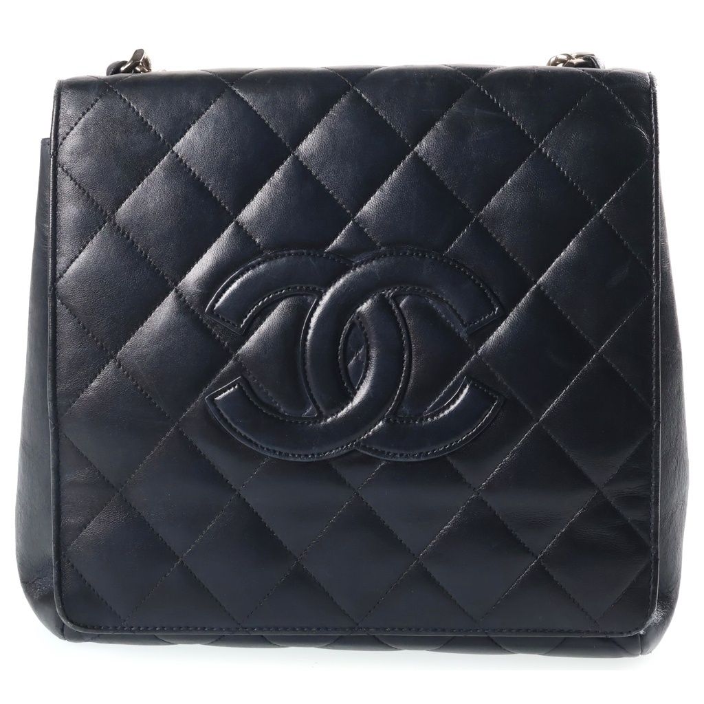 Chanel CC Logo Chain Handbag Quilted Silver Lambskin Black