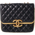 Chanel CC Logo Quilted Chain Shoulder Bag Black Gold Lambskin