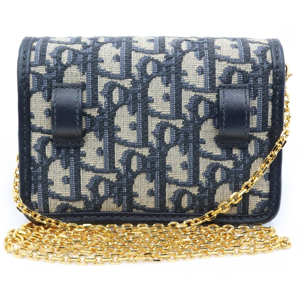 Dior Oblique Montaigne Nano Chain Mini Shoulder Bag Navy Leather Canvas Gold — view 2