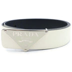 Prada Plate Logo Buckle Saffiano Leather Belt White