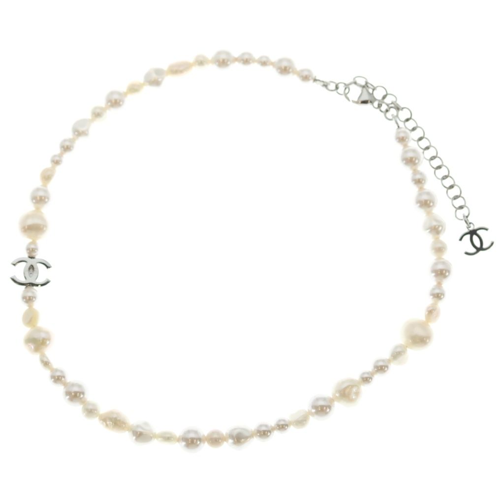 Chanel CC Logo Pearl Necklace White Silver — view 2