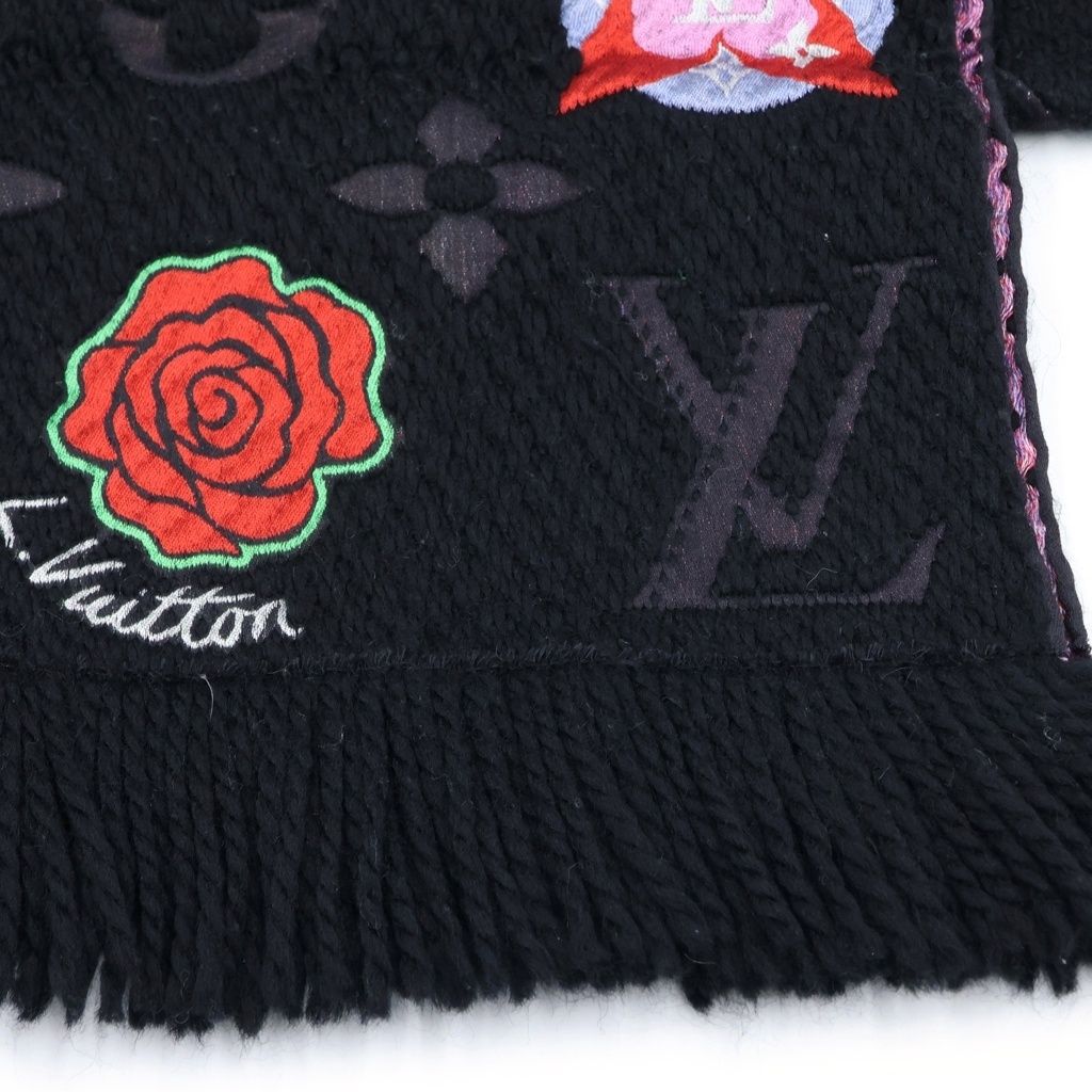 Louis Vuitton Logomania Scarf LV Stories Shawl Wool Silk Black Multicolor — view 2