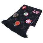 Louis Vuitton Logomania Scarf LV Stories Shawl Wool Silk Black Multicolor