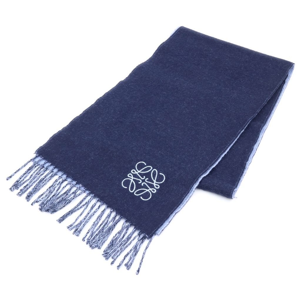 Loewe Anagram Logo Embroidery Wool Fringe Scarf Navy