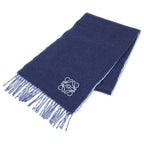Loewe Anagram Logo Embroidery Wool Fringe Scarf Navy