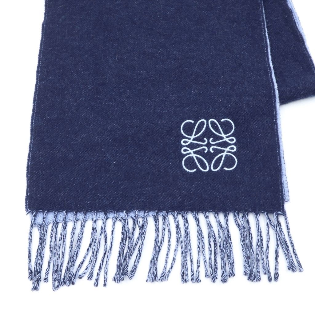 Loewe Anagram Logo Embroidery Wool Fringe Scarf Navy — view 2