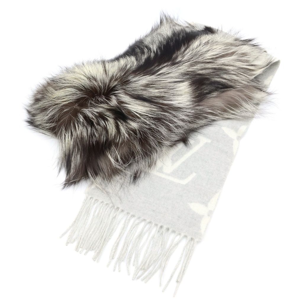 Louis Vuitton Echarpe Reykjavik Fur Gray Perlee Scarf Shawl Monogram Cashmere