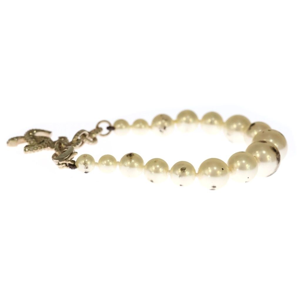 Chanel CC Logo Faux Pearl Rhinestone Metal Bracelet White Gold — view 3