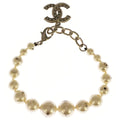 Chanel CC Logo Faux Pearl Rhinestone Metal Bracelet White Gold