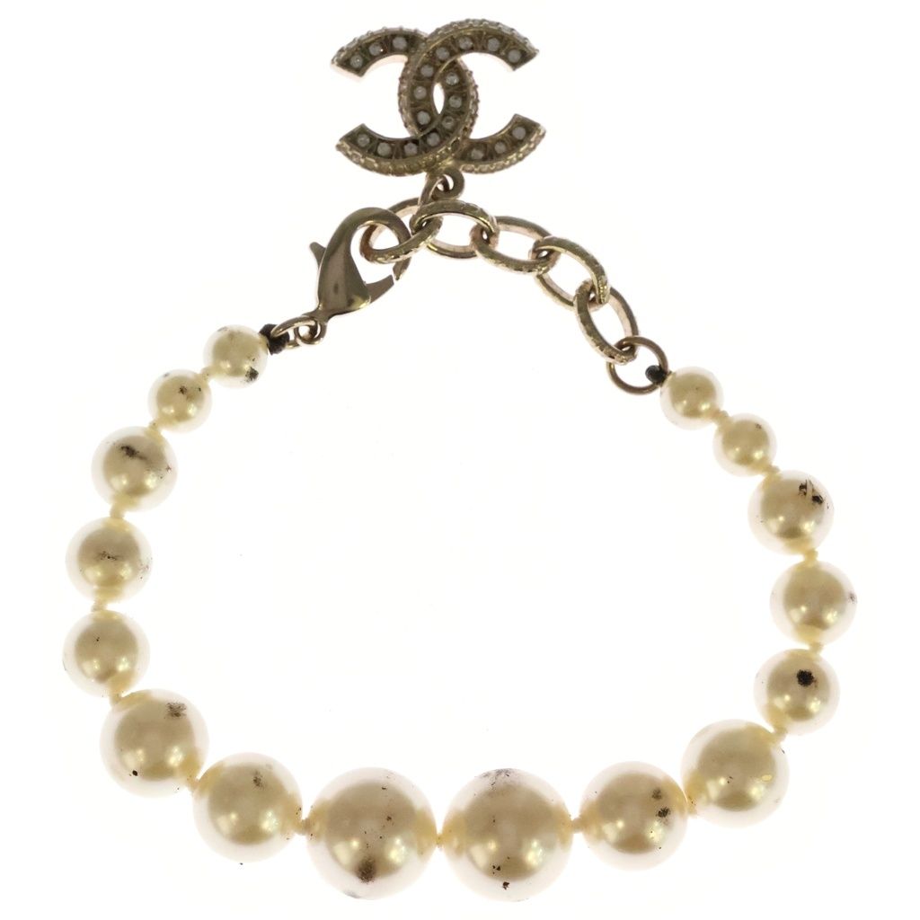 Chanel CC Logo Faux Pearl Rhinestone Metal Bracelet White Gold