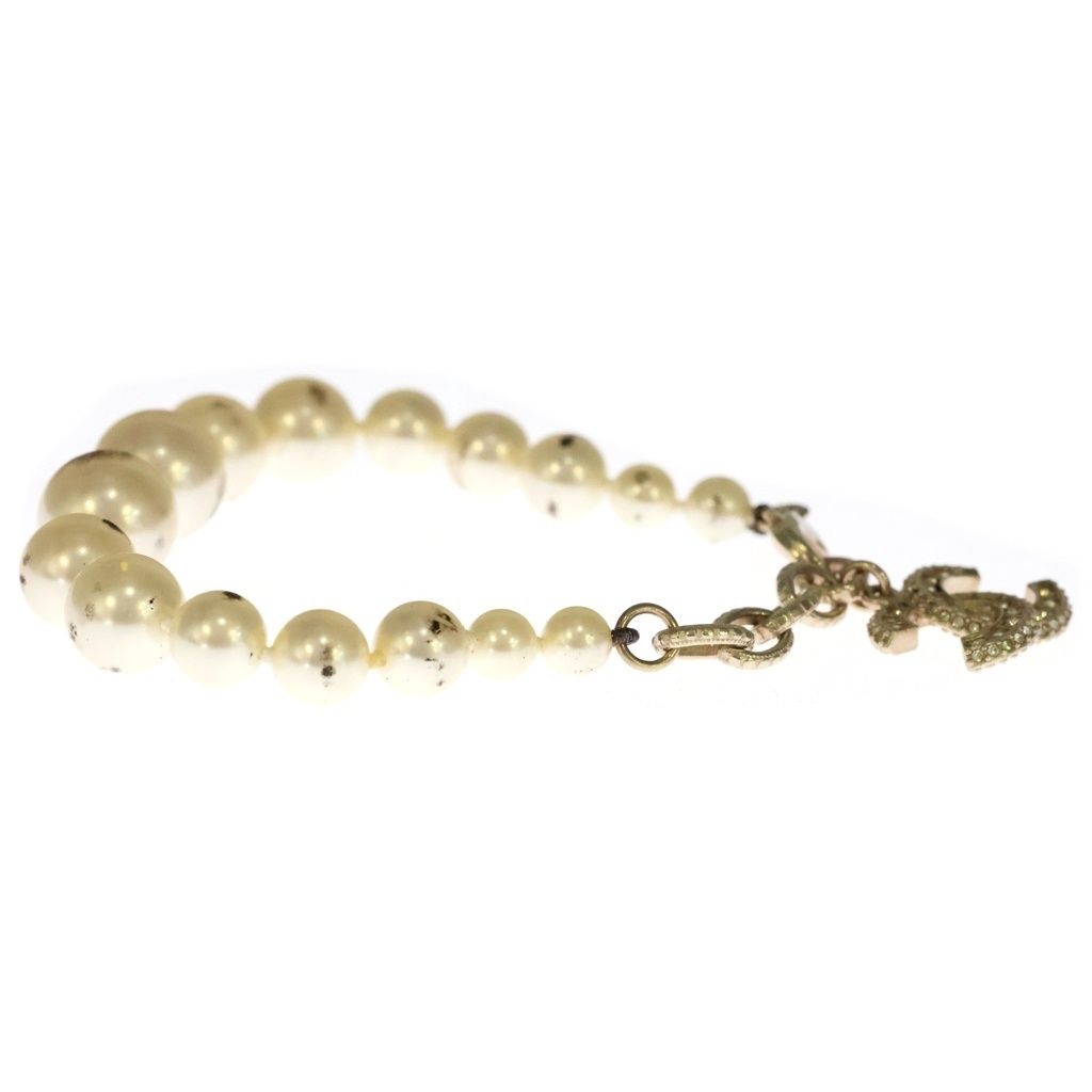 Chanel CC Logo Faux Pearl Rhinestone Metal Bracelet White Gold — view 4