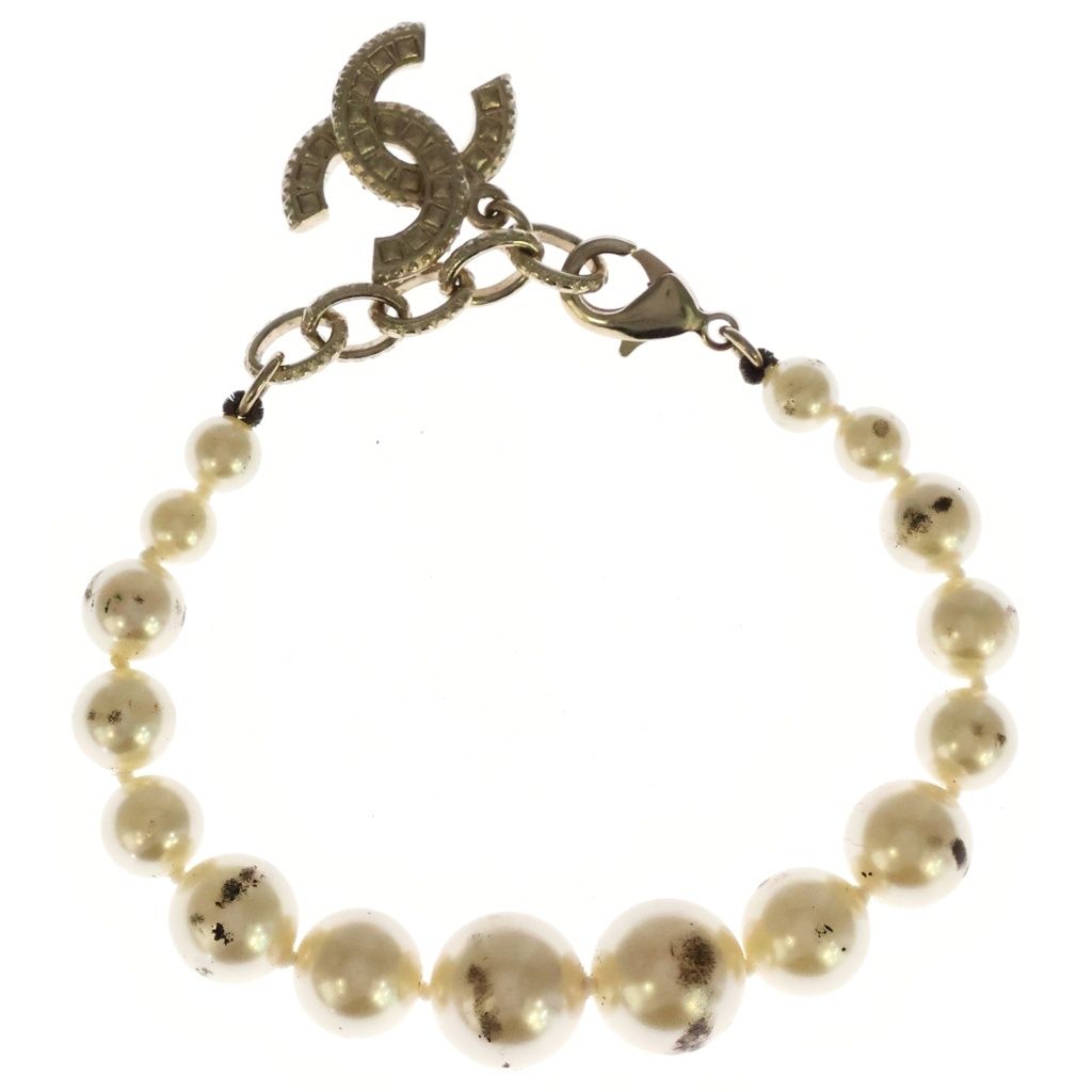 Chanel CC Logo Faux Pearl Rhinestone Metal Bracelet White Gold — view 2
