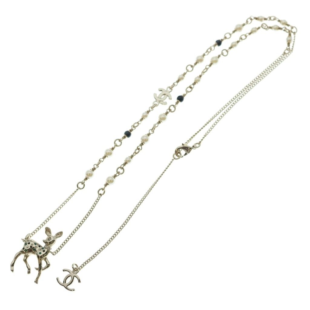 Chanel Bambi Pearl Necklace Stone Pendant Chain Gold — view 2