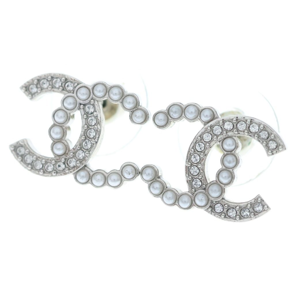 Chanel CC Logo Rhinestone Pearl Earrings Gold