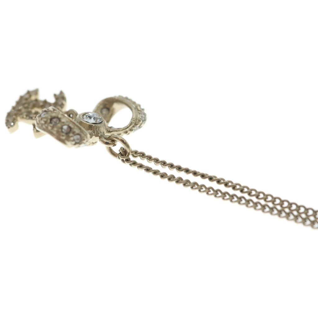 Chanel CC Logo Rhinestone Ribbon Pendant Chain Gold Necklace — view 6