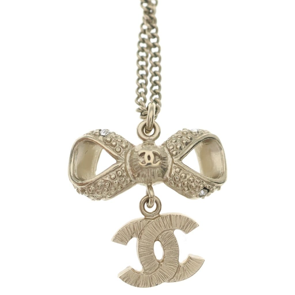 Chanel CC Logo Rhinestone Ribbon Pendant Chain Gold Necklace — view 3