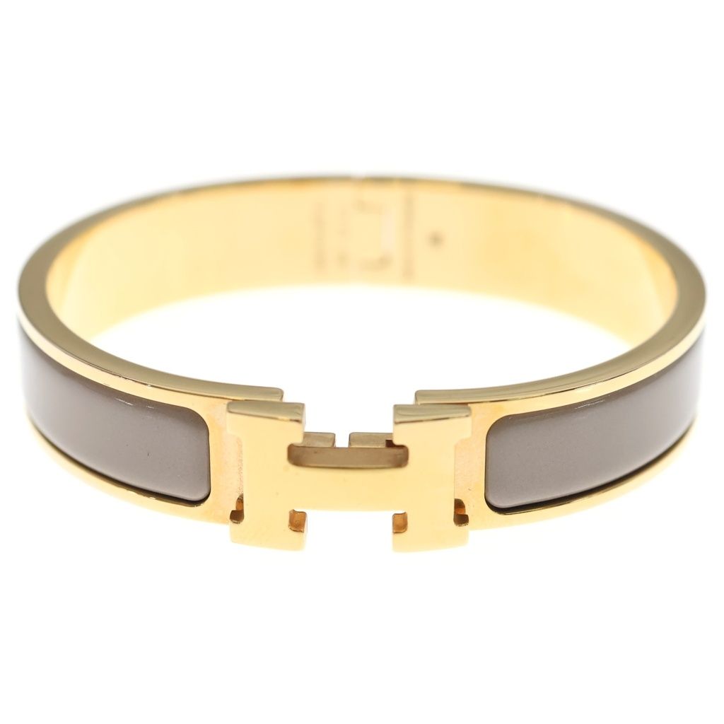 Hermes Clic H Brown Glasse Bangle Bracelet Beige Gold