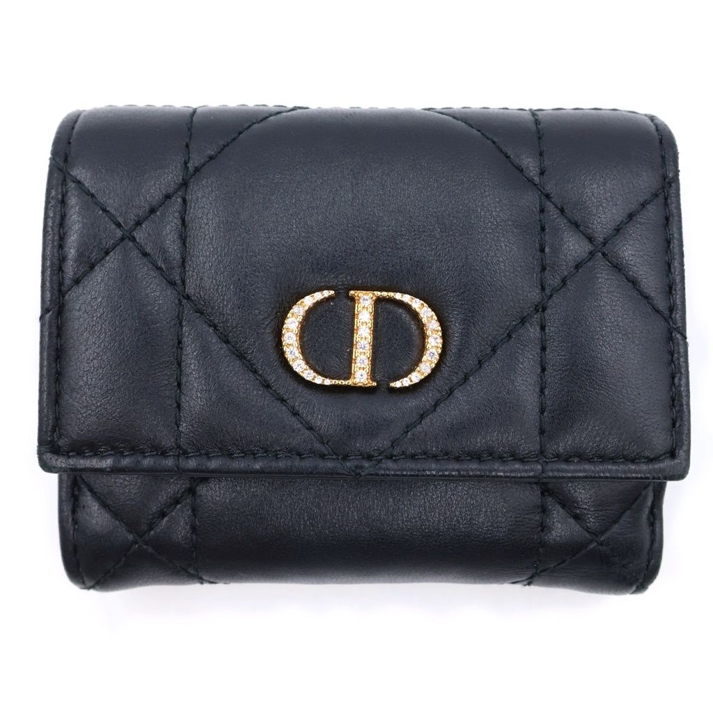 Dior Caro Macro Cannage Crystal Wallet Trifold Black Leather Gold