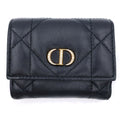 Dior Caro Macro Cannage Crystal Wallet Trifold Black Leather Gold