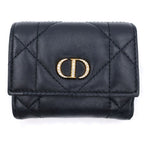 Dior Caro Macro Cannage Crystal Wallet Trifold Black Leather Gold