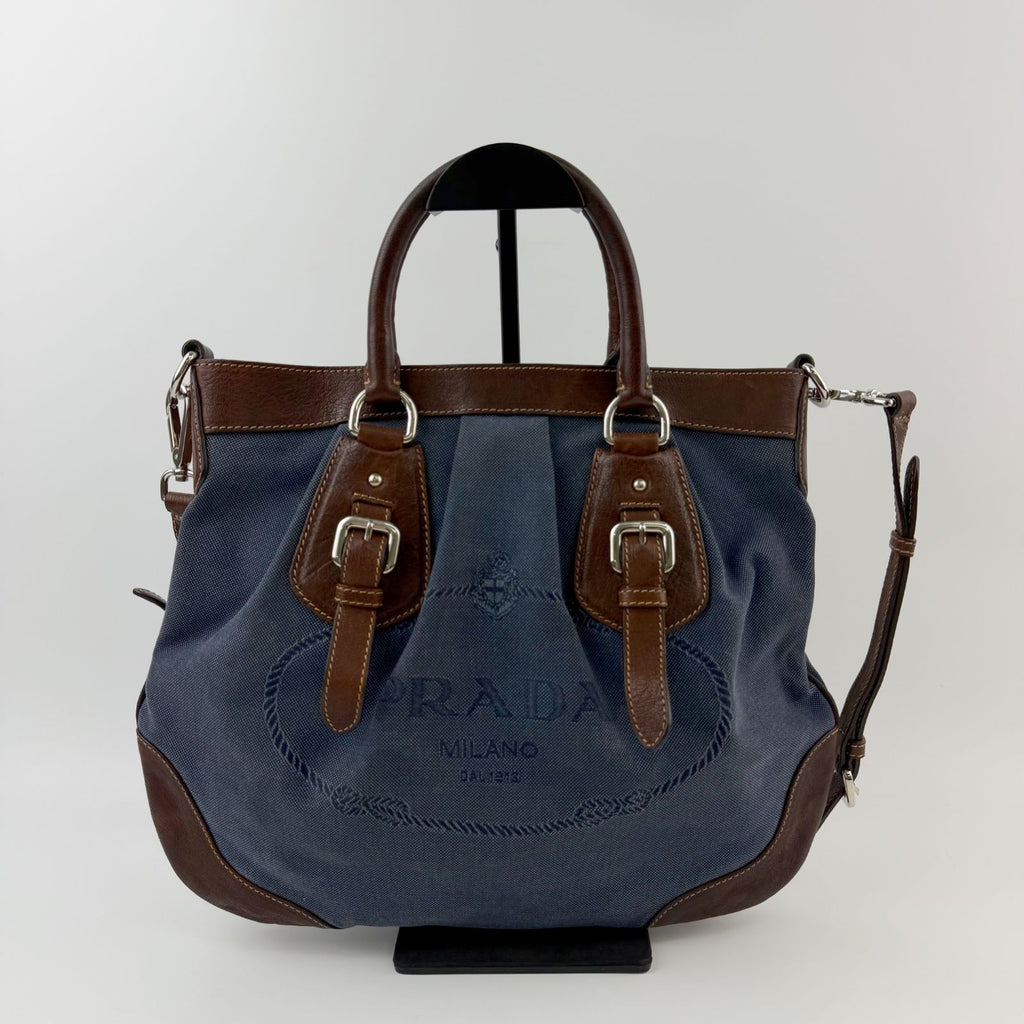 Prada Logo Jacquard Buckle 2-Way Shoulder Bag Canvas Leather Blue Brown Silver — view 3
