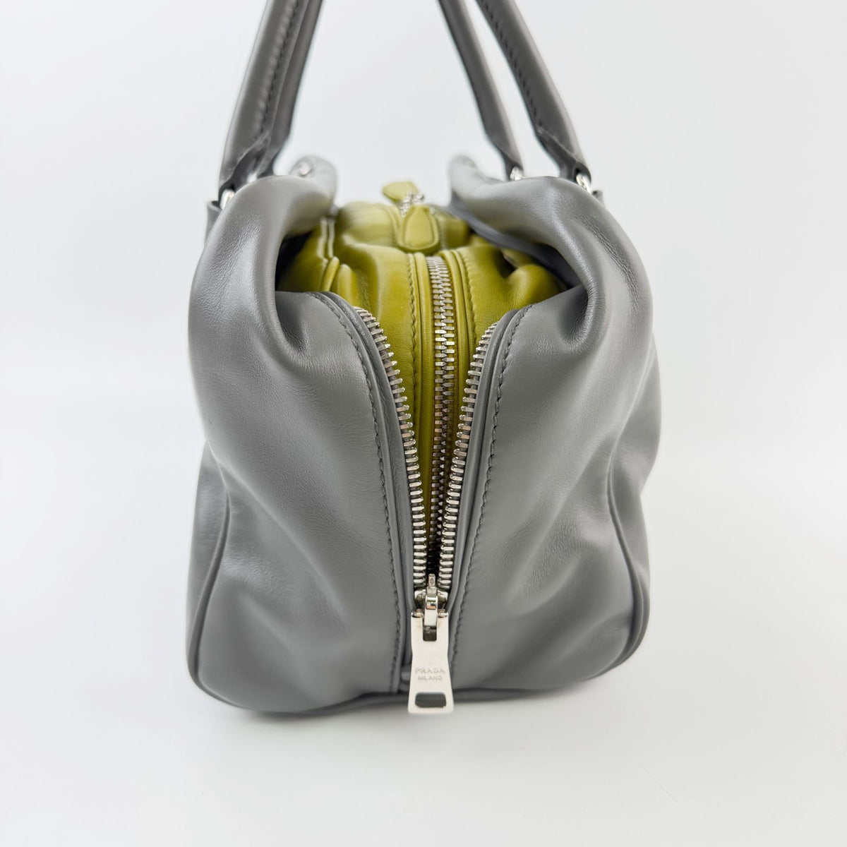 Prada Inside Soft Calfskin 2-Way Shoulder Bag Leather Gray Lime Green Silver — view 6